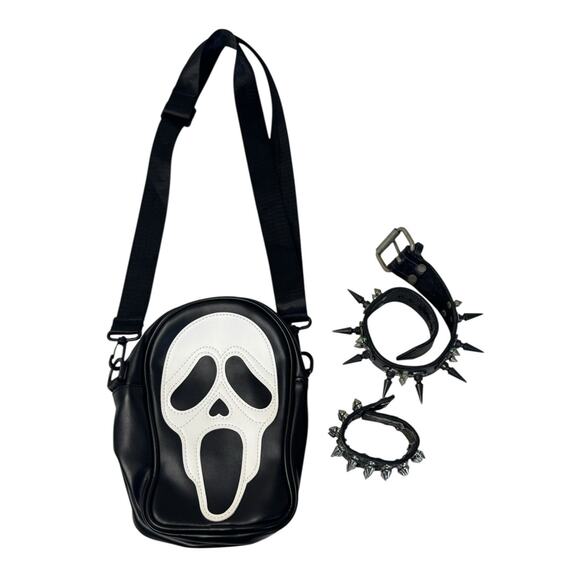 SCREAM Ghost Face Crossbody Purse Spiked Choker Bracelet Goth Rave Punk Cosplay - Picture 1 of 6